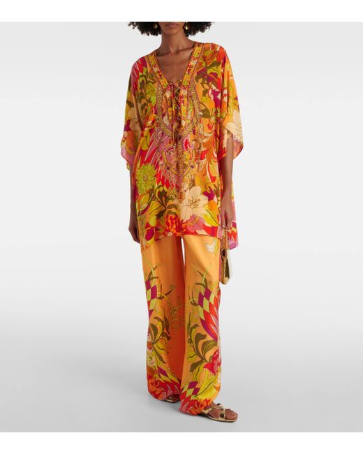 Camilla Orange Embellished Floral Silk Beach Dress