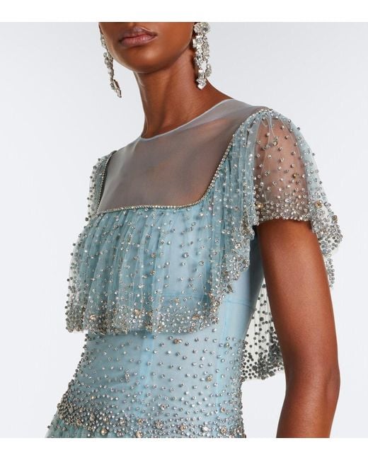 Costarellos Blue Crystal-Embellished Tiered Mesh Gown