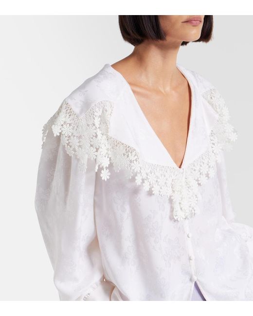 Chloé White Lace-Trimmed Floral Jacquard Silk Blouse