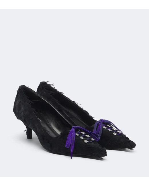 Prada Blue Feather-Trimmed Satin Pumps