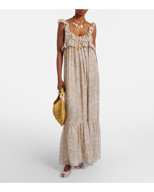 Chloé Natural Floral Ruffled Silk Charmeuse Maxi Dress