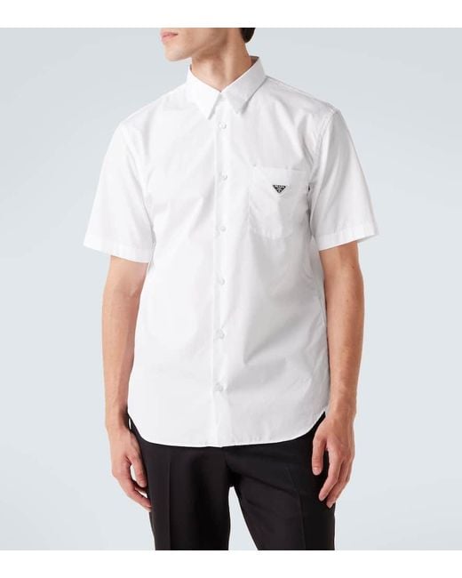 Prada White Logo Cotton Poplin Bowling Shirt for men