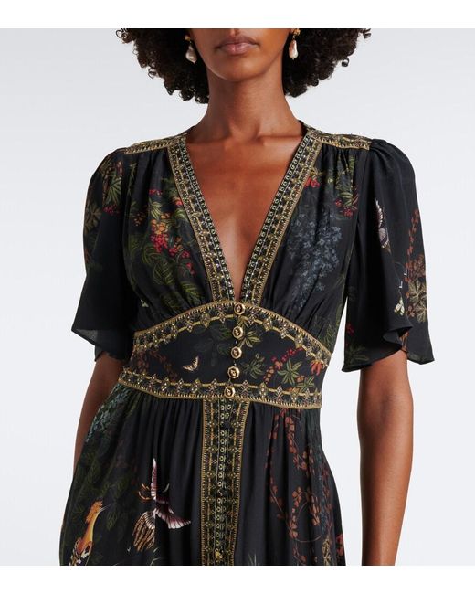 Camilla Black Embellished Printed Silk Satin Maxi Dress