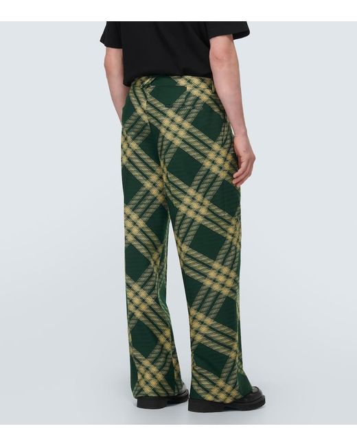 Burberry Green Checked Wool Twill Straight Pants for men