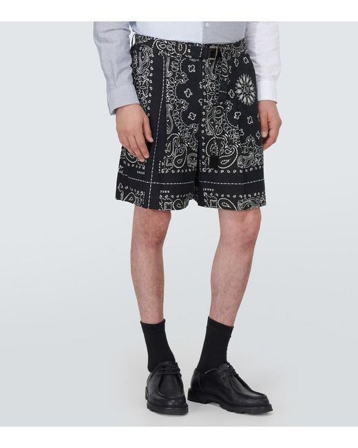 Sacai Black Bandana Cotton Poplin Shorts for men