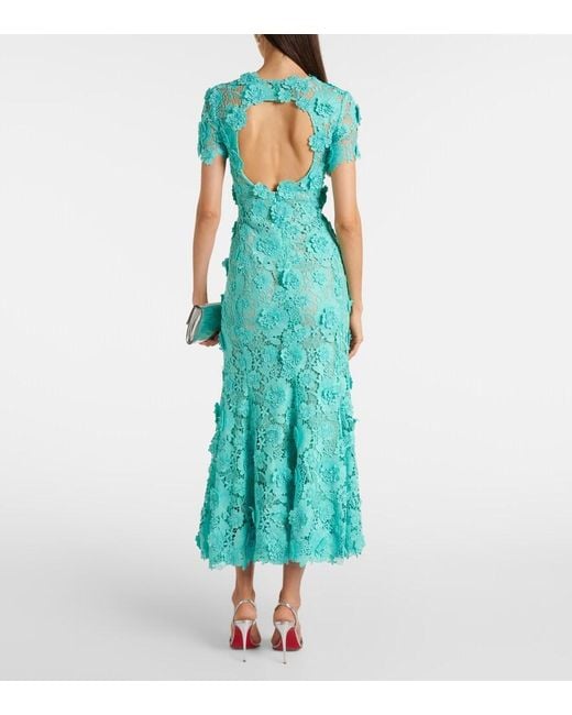 Oscar de la Renta Green Floral Guipure Lace Midi Dress