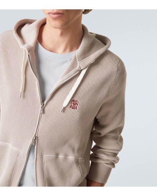 Brunello Cucinelli Pink Logo Ribbed-Knit Cotton Zip-Up Hoodie for men