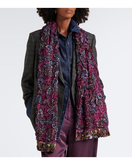 Dries Van Noten Purple Embellished Floral Scarf
