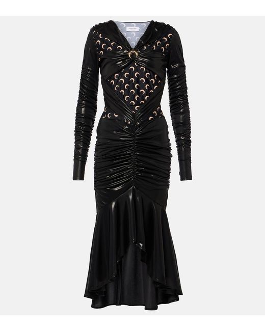 MARINE SERRE Black All Over Moon Ruched Jersey Midi Dress
