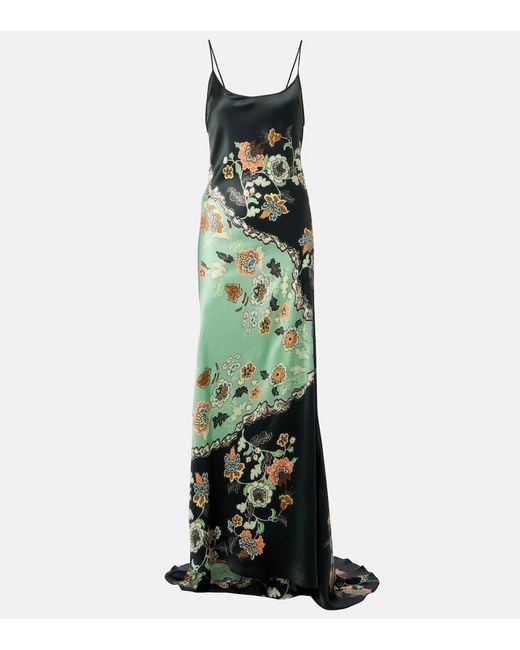Roberto Cavalli Green Floral Silk Satin Slip Dress