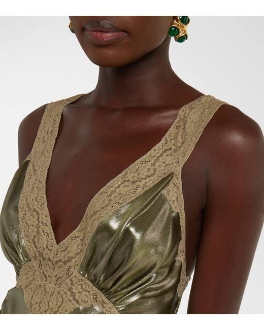 Vestido Lencero De Charmeuse De Seda Con Encaje Saint Laurent de color Green