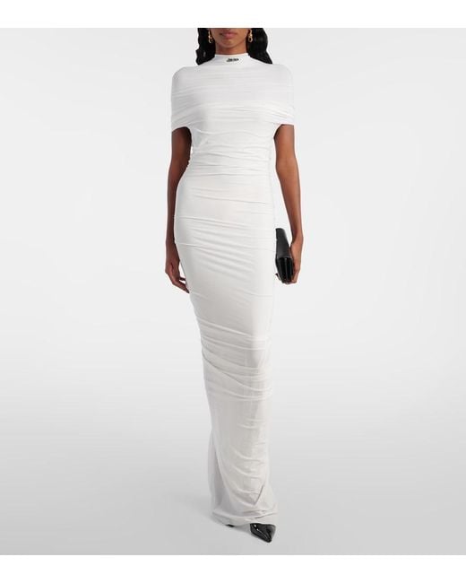 Jean Paul Gaultier White Fringed Ruched Jersey Maxi Dress