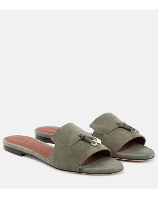 Loro Piana Green Embellished Suede Sandals
