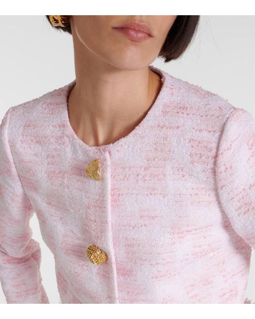 Oscar de la Renta Pink Fringed Cropped Tweed Jacket