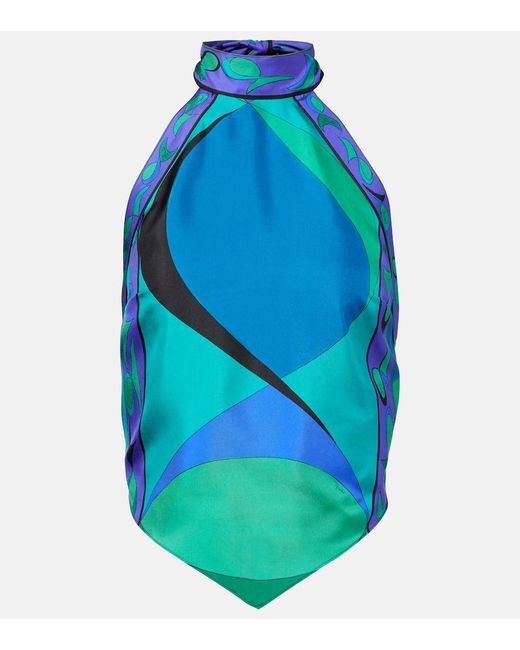 Emilio Pucci Blue Cigni Printed Halterneck Silk Top