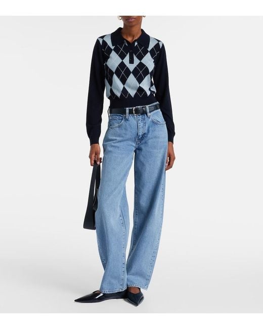 FRAME Blue Argyle Wool-Blend Polo Sweater