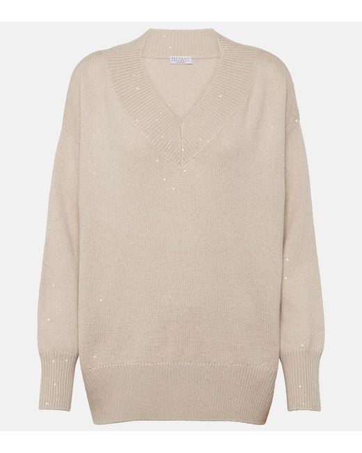 Brunello Cucinelli White Embellished Cashmere And Silk Sweater