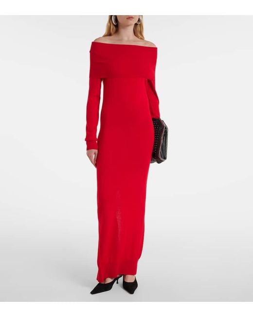 Stella McCartney Red Off-Shoulder Virgin Wool Maxi Dress