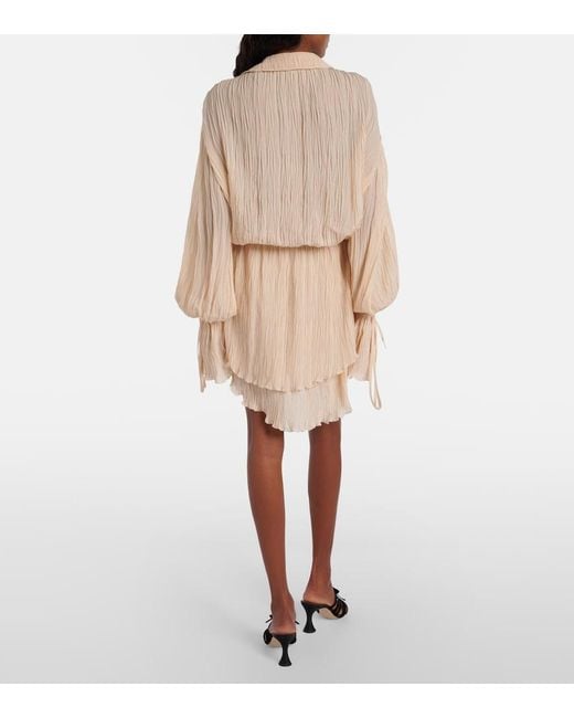 Blumarine Natural Lace-Trimmed Plisse Georgette Minidress