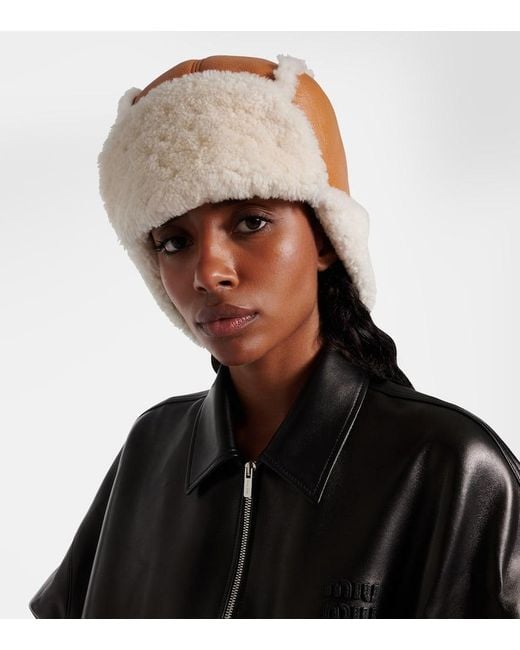 Miu Miu Natural Shearling-Trimmed Leather Hat