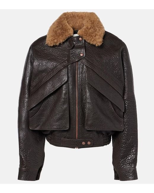 Magda Butrym Black Cropped Shearling-Trimmed Leather Jacket