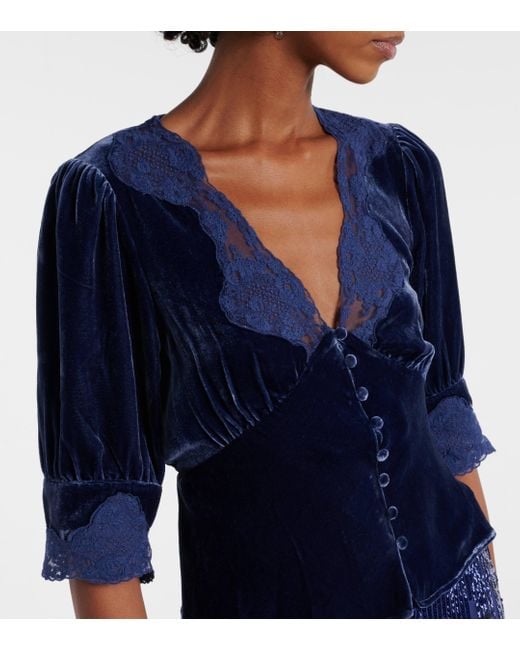 Rixo Blue Amanda Lace-trimmed Velvet Top