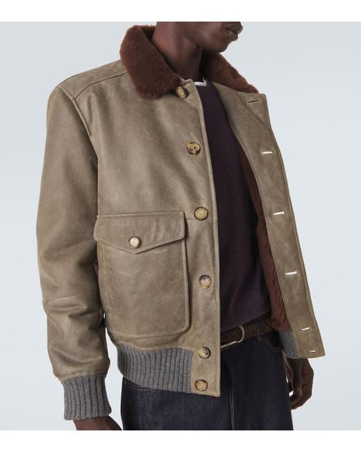 Brunello Cucinelli Green Shearling-Lined Leather Blouson Jacket for men