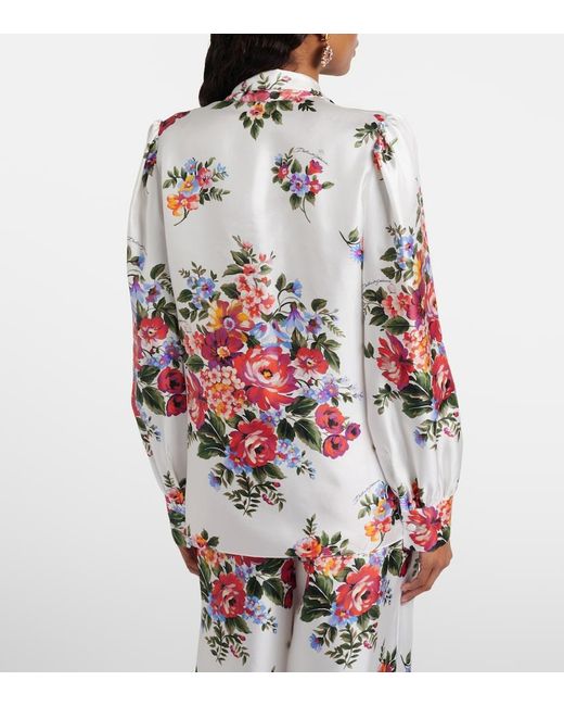 Dolce & Gabbana White Floral Tie-Neck Silk Blouse