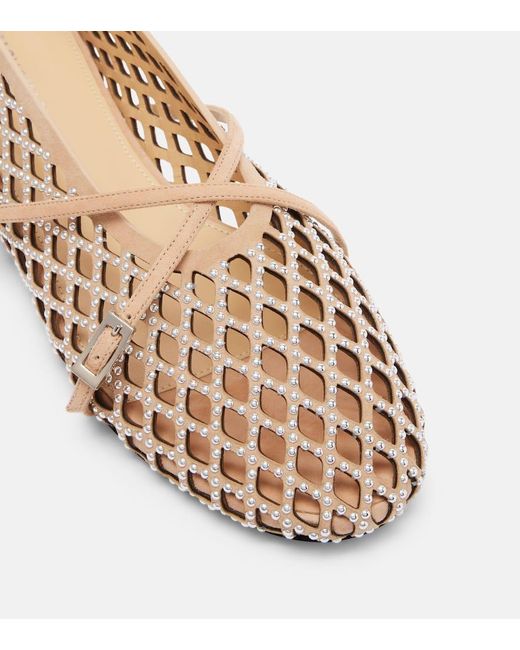 Mach & Mach Brown Sparkle Mesh Embellished Suede Ballet Flats