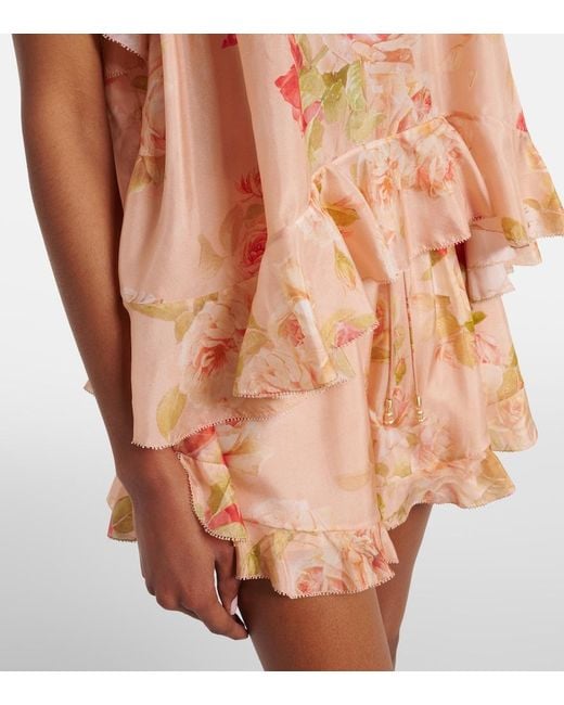 Zimmermann Pink Roselight Floral Ruffled Silk Camisole