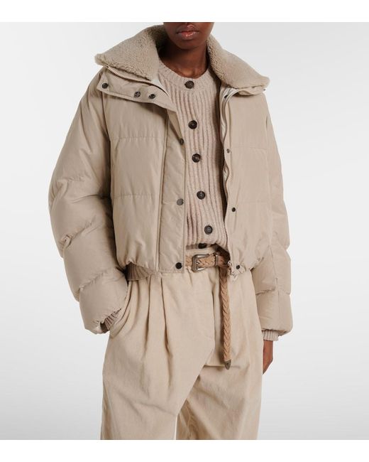 Brunello Cucinelli Natural Shearling-Trimmed Cotton-Blend Down Jacket