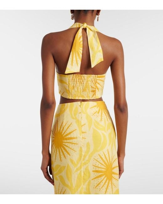 Cala De La Cruz Yellow Fuji Printed Halterneck Linen Crop Top