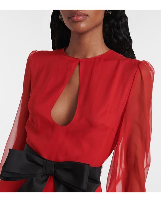 Valentino Red Bow-Detail Ruffled Silk Chiffon Gown