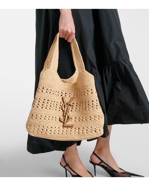 Saint Laurent Metallic Icare Medium Crochet Raffia Tote Bag