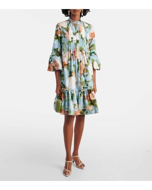 Vestido Corto De Popelin De Algodon Fruncido Erdem de color Green