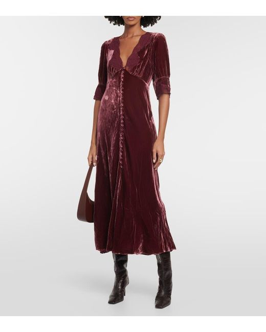 Rixo Purple Lace-trimmed Velvet Midi Dress