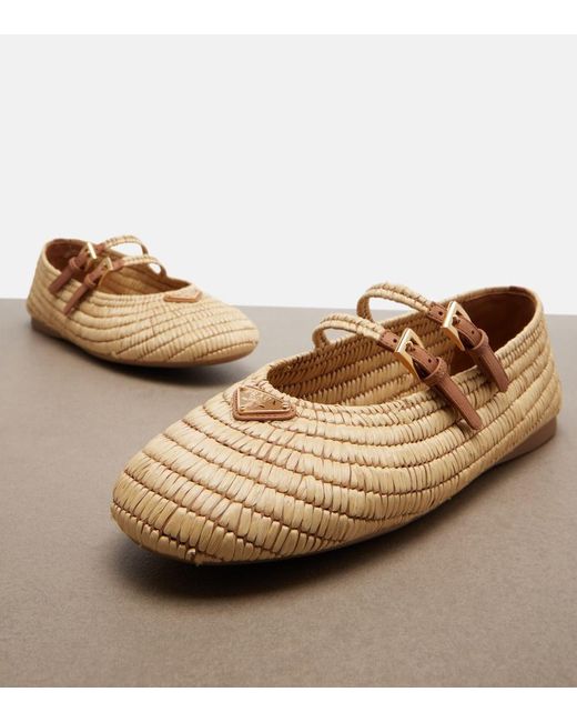 Prada Crochet Leather-Trimmed Mary Jane Flats in Brown | Lyst