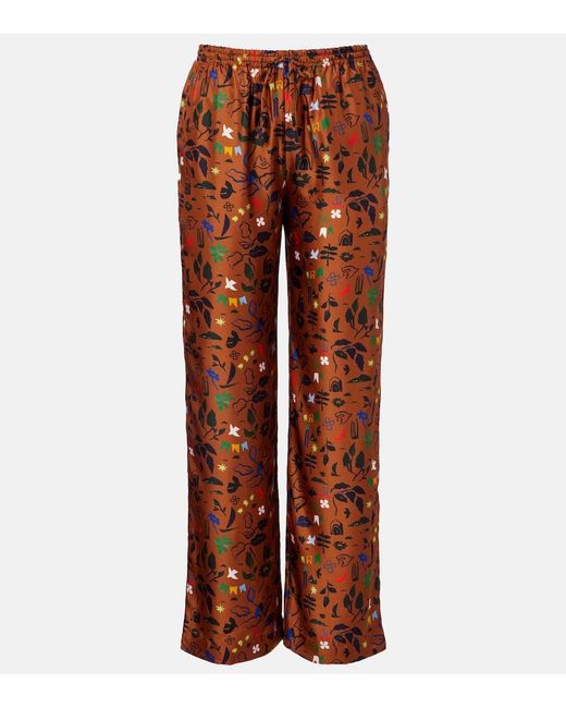 Asceno Brown Aurelia Printed Silk Twill Wide-Leg Pants