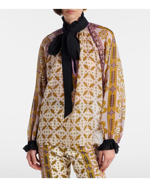 LaDoubleJ Metallic Cerere Printed Tie-Neck Silk Blouse
