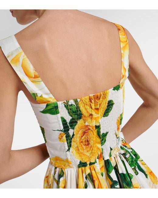 Dolce & Gabbana Yellow Minikleid Aus Baumwollpopeline Mit Blumenprint Und Falten