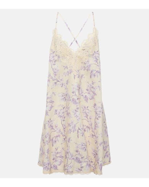Zimmermann Natural Halliday Lace-Trimmed Floral Linen Slip Dress