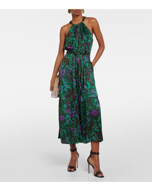 Velvet Green Kareese Printed Satin Midi Dress