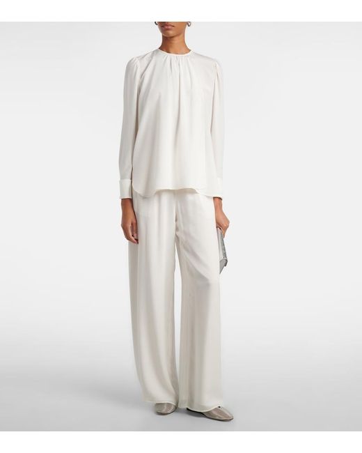 Oscar de la Renta White Mid-Rise Silk Straight Pants