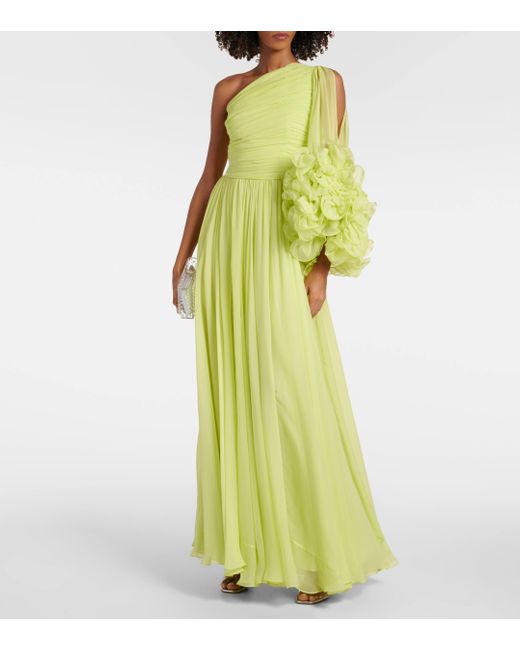 Costarellos Green Aziza Ruffled Silk Georgette Gown