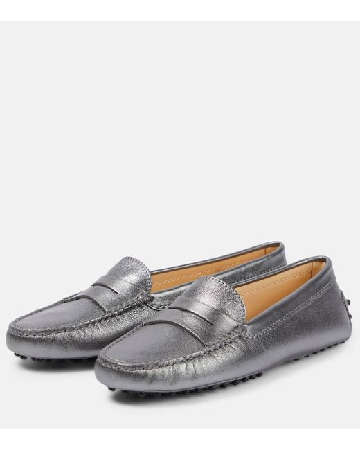 Tod's Gray Metallic Leather Moccasins