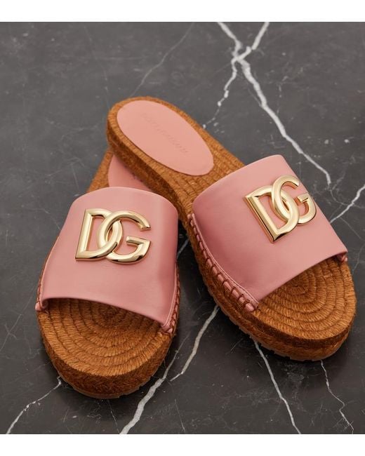 Dolce & Gabbana Pink Dg Leather Espadrille Slides