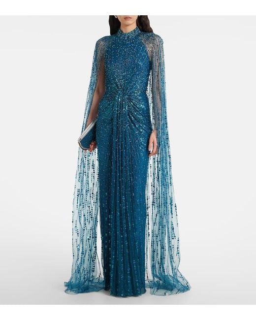 Jenny Packham Blue Cairo Sequined Caped Gown
