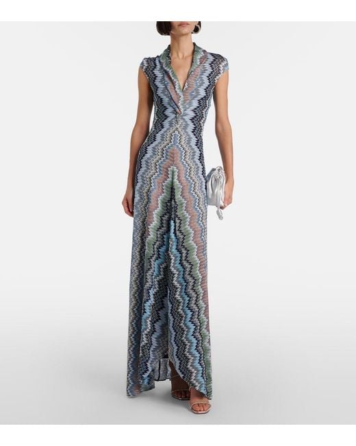 Missoni Blue Zigzag Gathered Knitted Maxi Dress