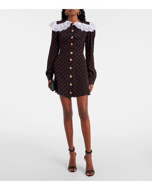 Alessandra Rich Black Polka-Dot Lace-Trimmed Silk Minidress
