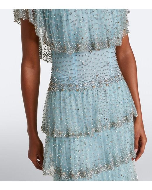 Costarellos Blue Crystal-Embellished Tiered Mesh Gown